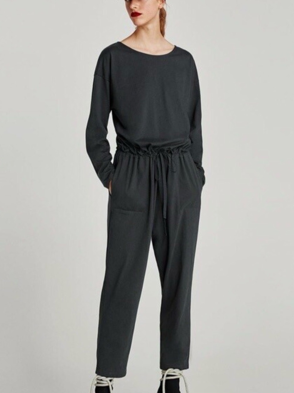 NWT- Zara long-sleeve charcoal grey jumpsuit tie waist cotton size M